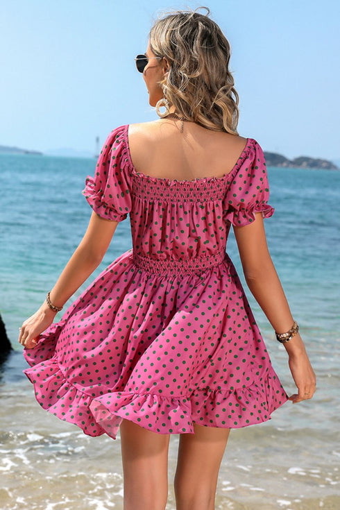 Polka Dot Square Neck Smocked Waist Dress Mini Ruffle