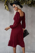 Square Neck Ruffle Hem Long Bubble Sleeve Midi Dress