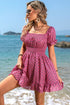 Polka Dot Square Neck Smocked Waist Dress Mini Ruffle