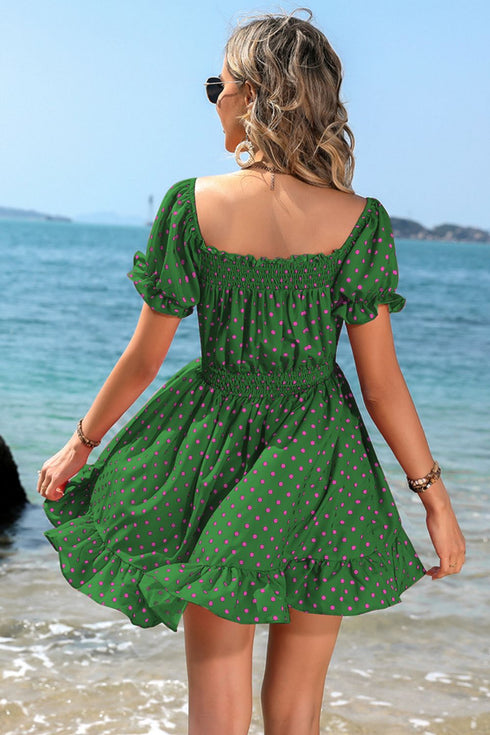 Polka Dot Square Neck Smocked Waist Dress Mini Ruffle
