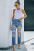 Distressed Frayed Trim Straight Leg Jeans